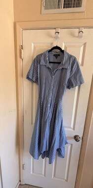 ivy + blu Blue and White Striped Button-Down Shirt Dress with Tie Back HOM1187-G